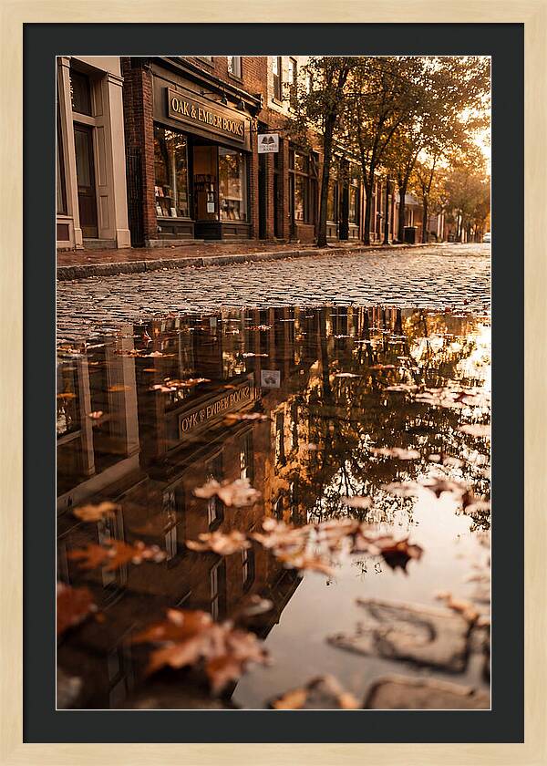 Storefront Reflection In Autumn Puddle