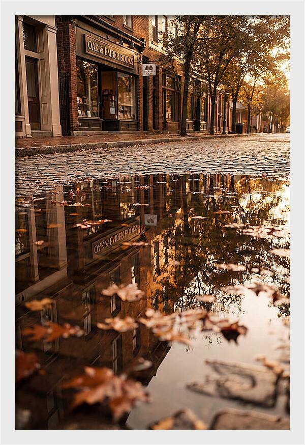 Storefront Reflection In Autumn Puddle