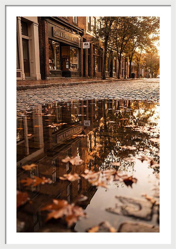 Storefront Reflection In Autumn Puddle
