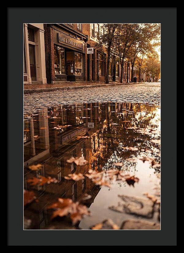 Storefront Reflection In Autumn Puddle