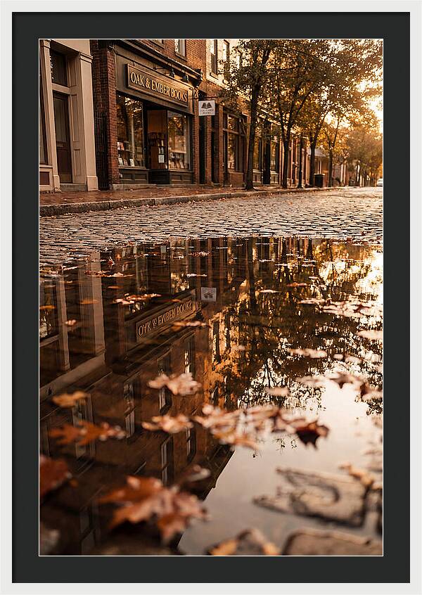 Storefront Reflection In Autumn Puddle