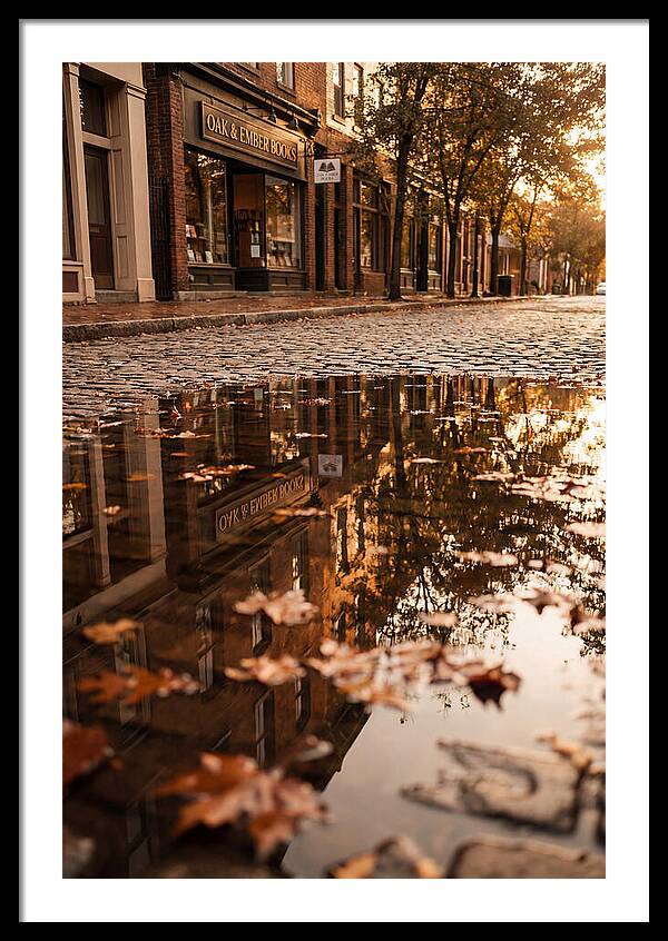 Storefront Reflection In Autumn Puddle