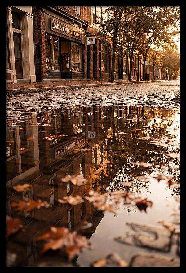 Storefront Reflection In Autumn Puddle