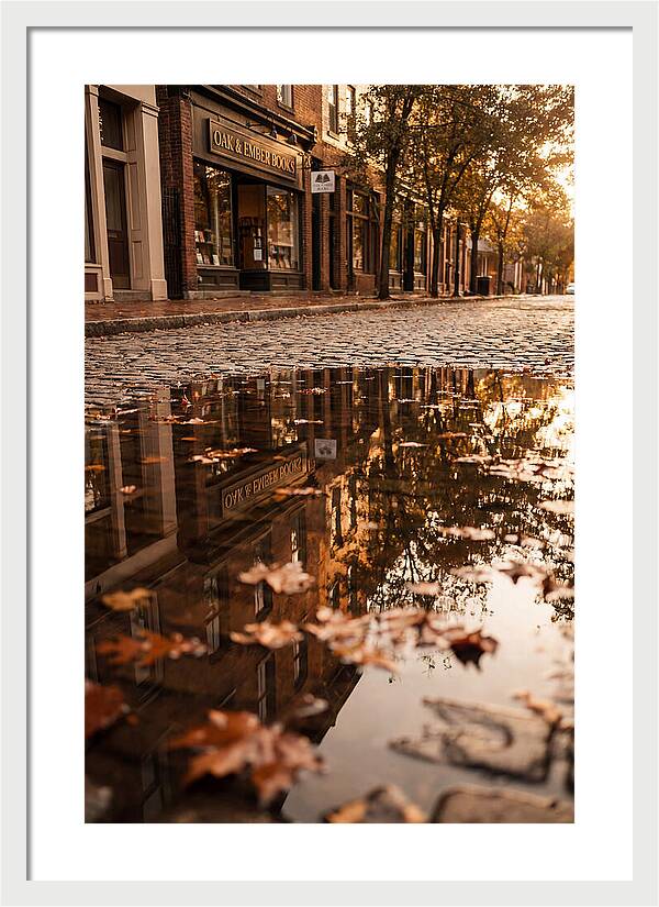 Storefront Reflection In Autumn Puddle
