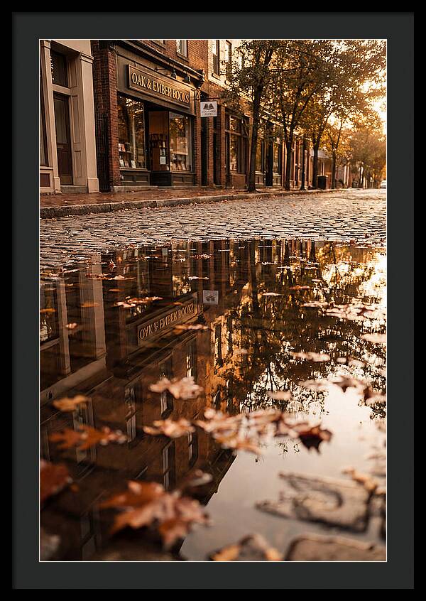 Storefront Reflection In Autumn Puddle