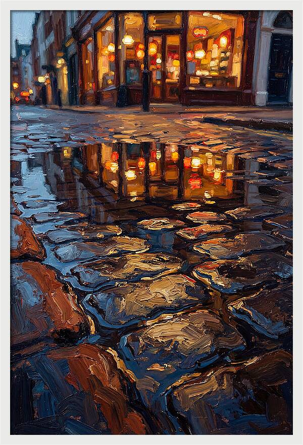 Storefront Reflection In Rain Puddle