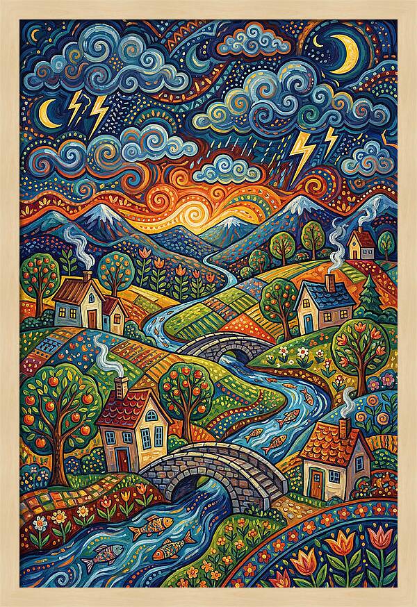 Stormy Sky Over Vibrant Village