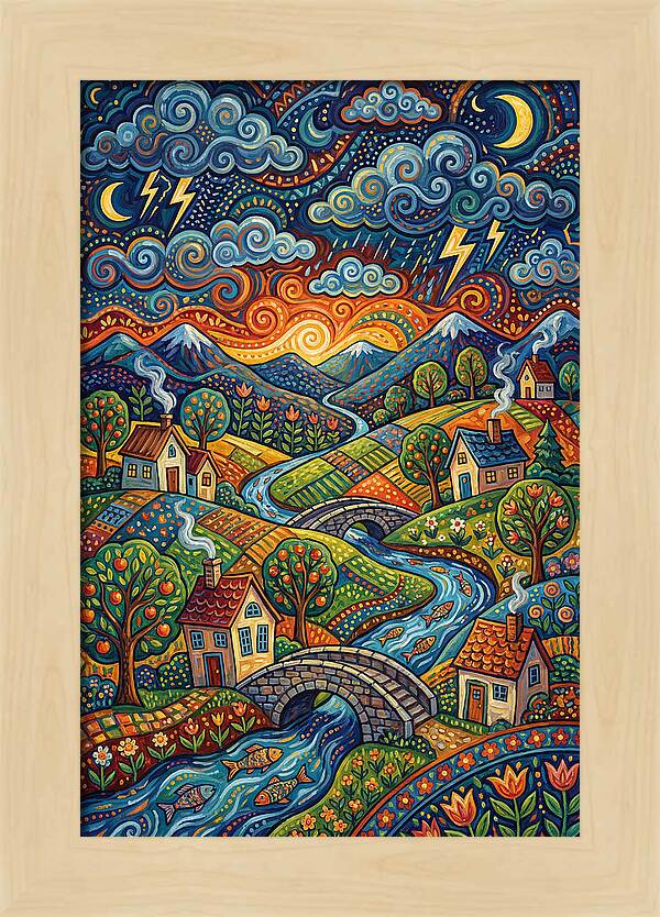 Stormy Sky Over Vibrant Village