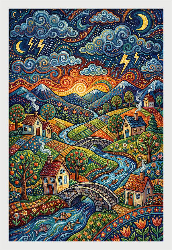Stormy Sky Over Vibrant Village