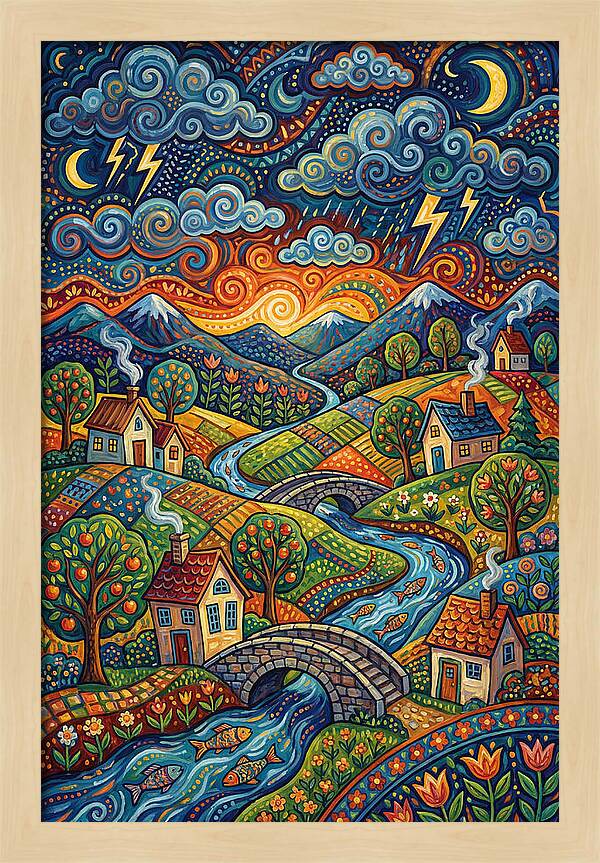 Stormy Sky Over Vibrant Village