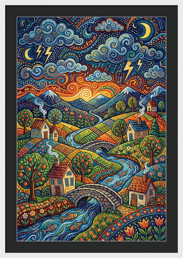 Stormy Sky Over Vibrant Village