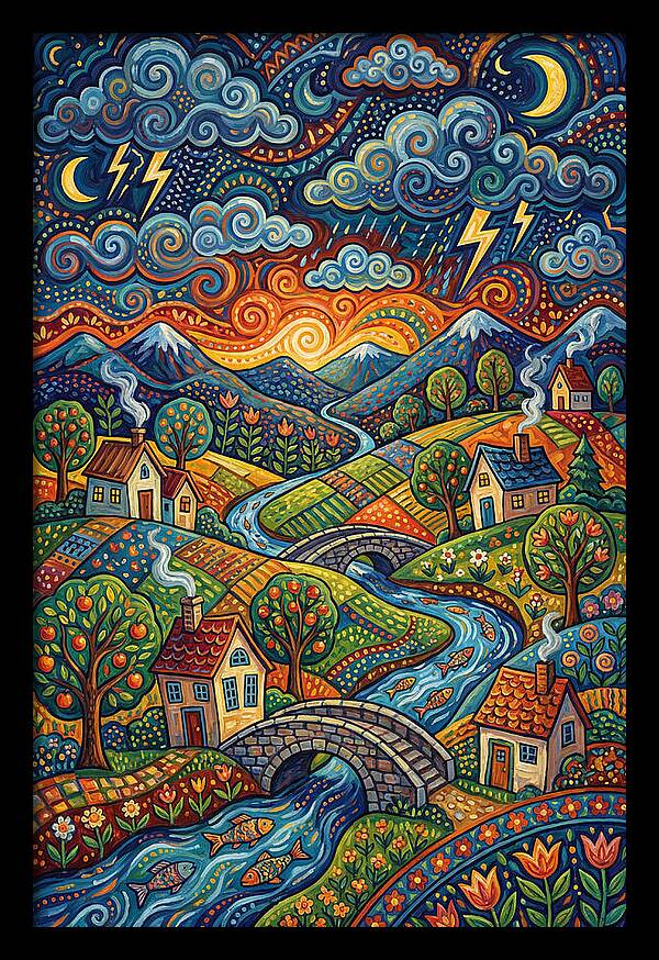 Stormy Sky Over Vibrant Village
