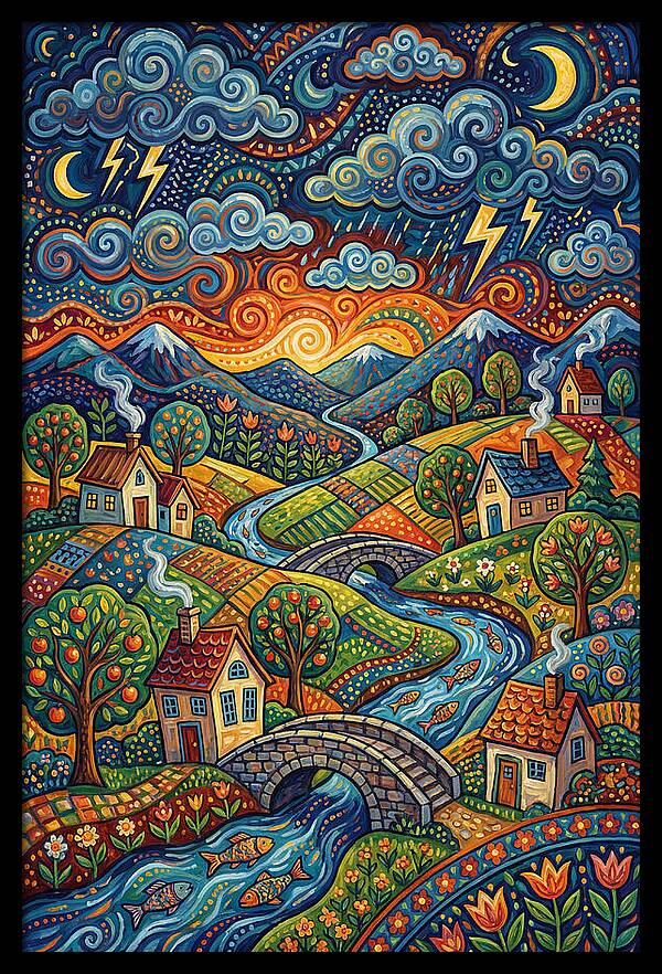 Stormy Sky Over Vibrant Village