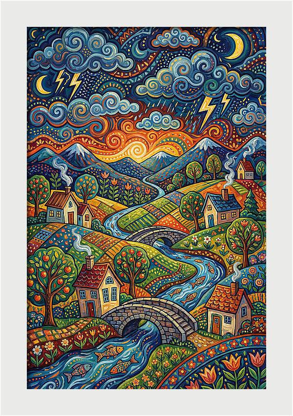Stormy Sky Over Vibrant Village