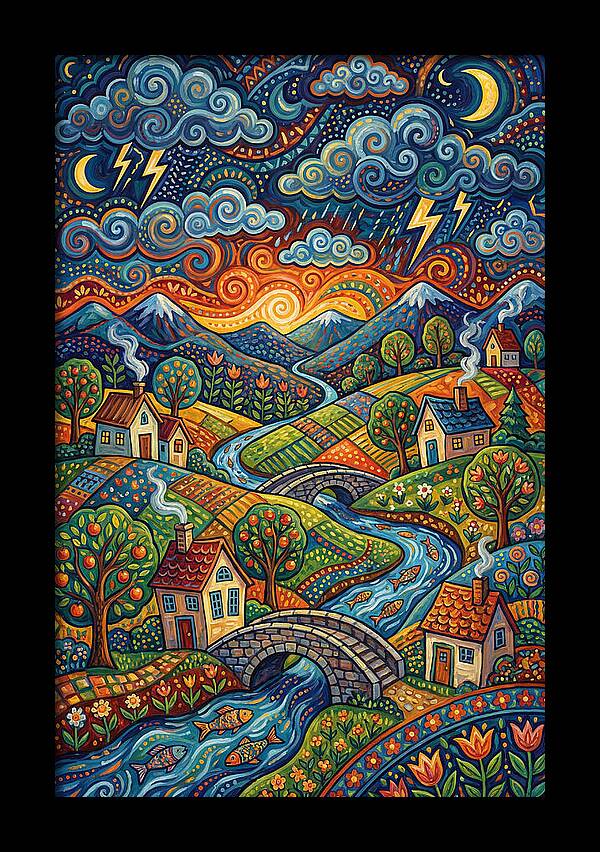 Stormy Sky Over Vibrant Village