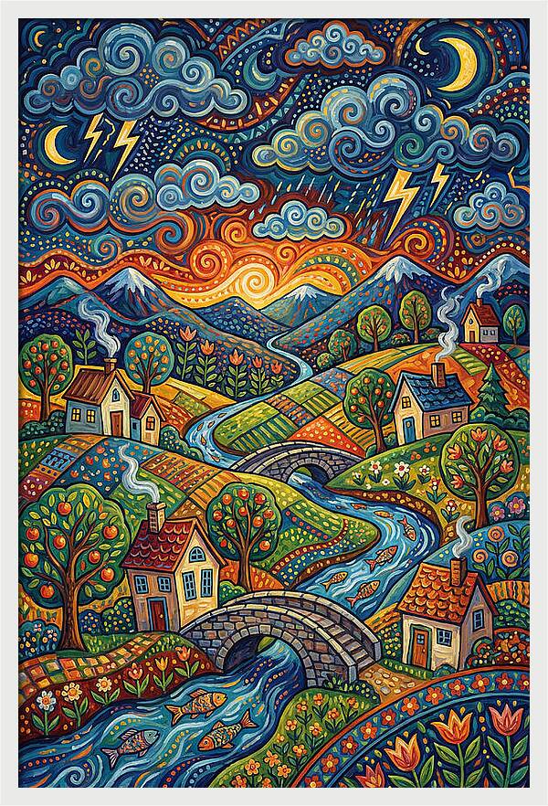 Stormy Sky Over Vibrant Village