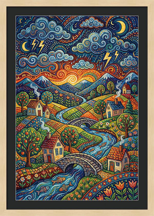 Stormy Sky Over Vibrant Village