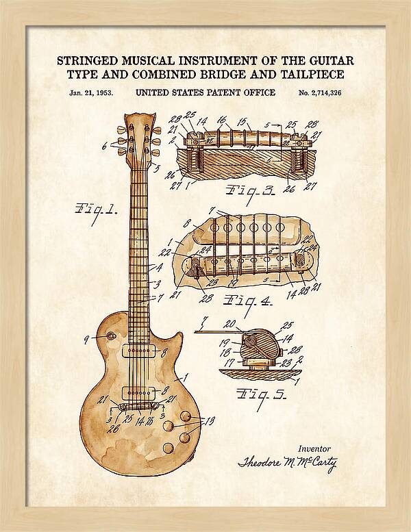 Stringed Instrument And Combined Bridge Gibson Les Paul Watercolor Patent Us2714326a