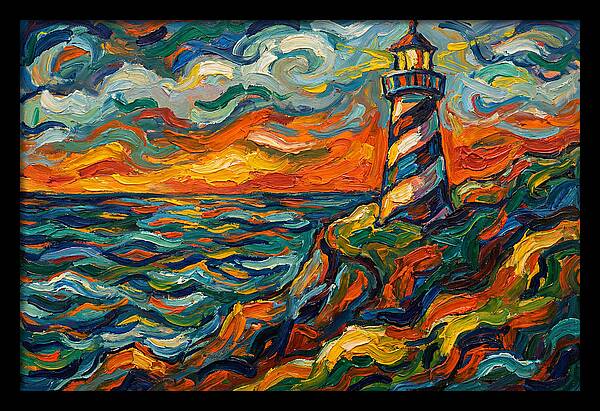 Striped Lighthouse At Sunset