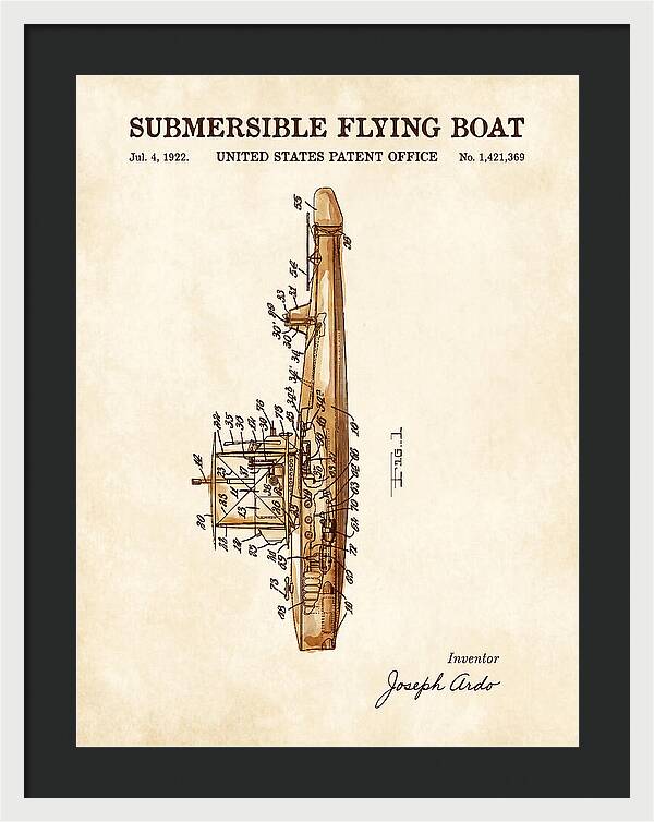 Submersible Flying Boat Watercolor Patent Us1421369