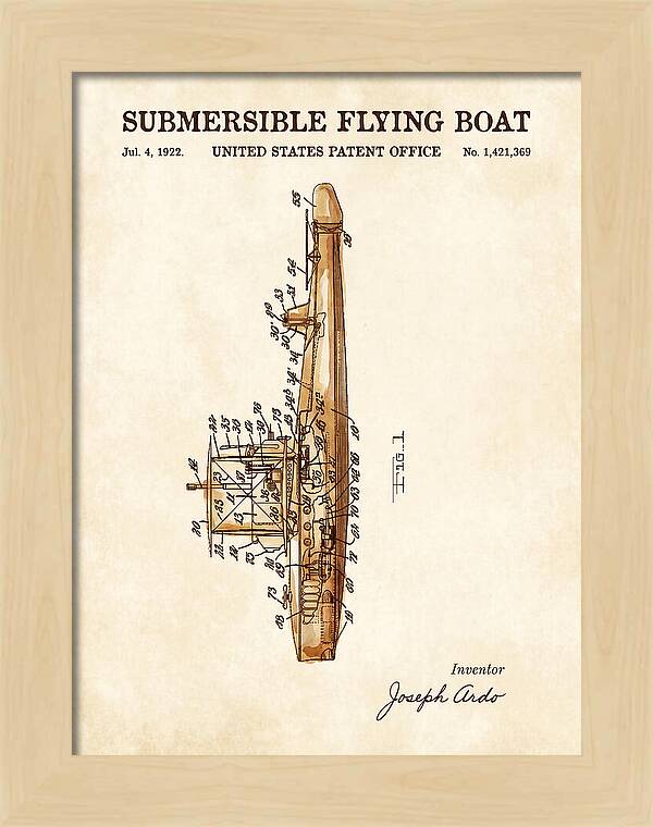Submersible Flying Boat Watercolor Patent Us1421369