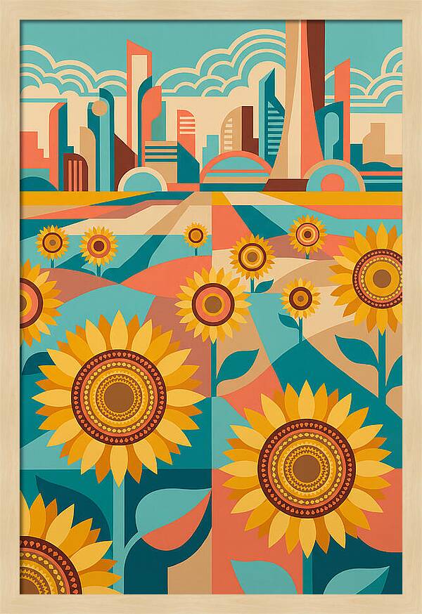 Sunflower Field With Cityscape