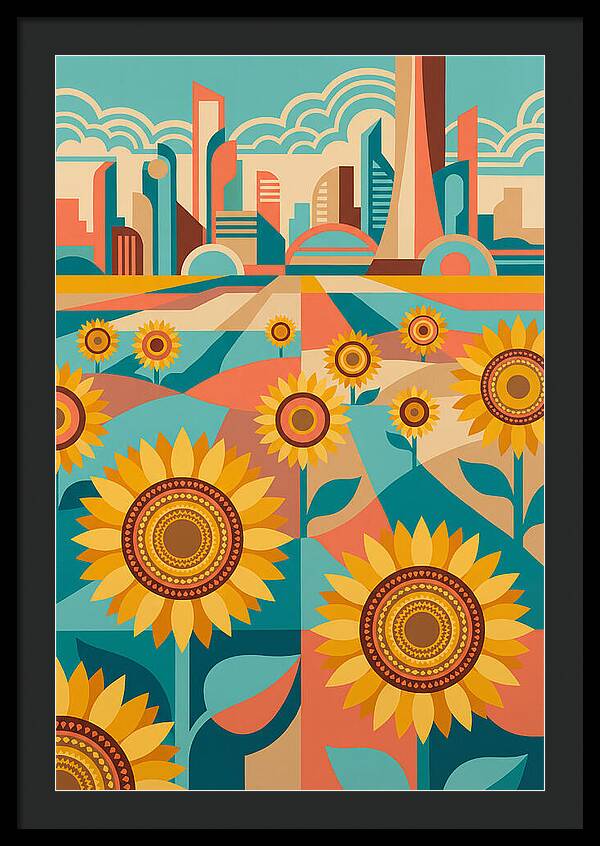 Sunflower Field With Cityscape
