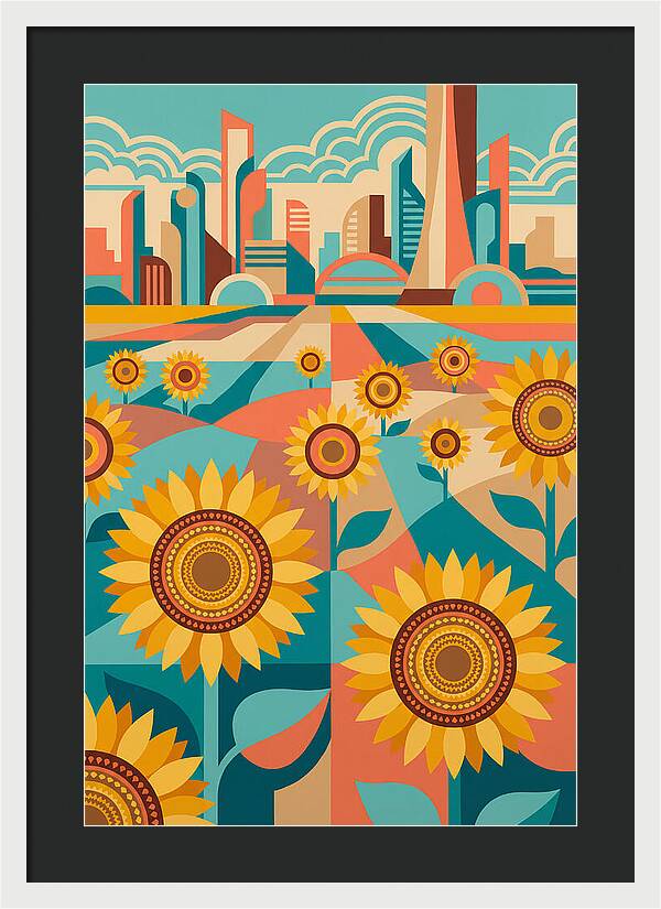 Sunflower Field With Cityscape