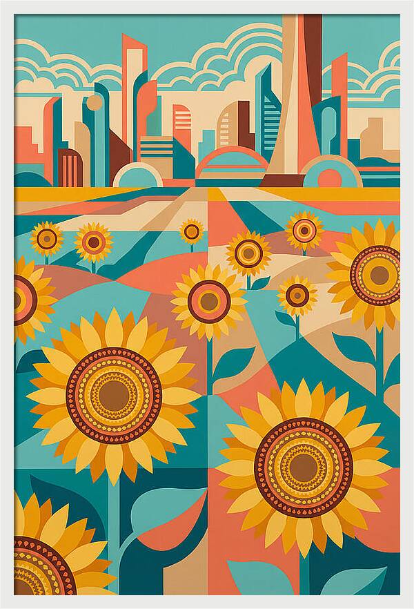 Sunflower Field With Cityscape