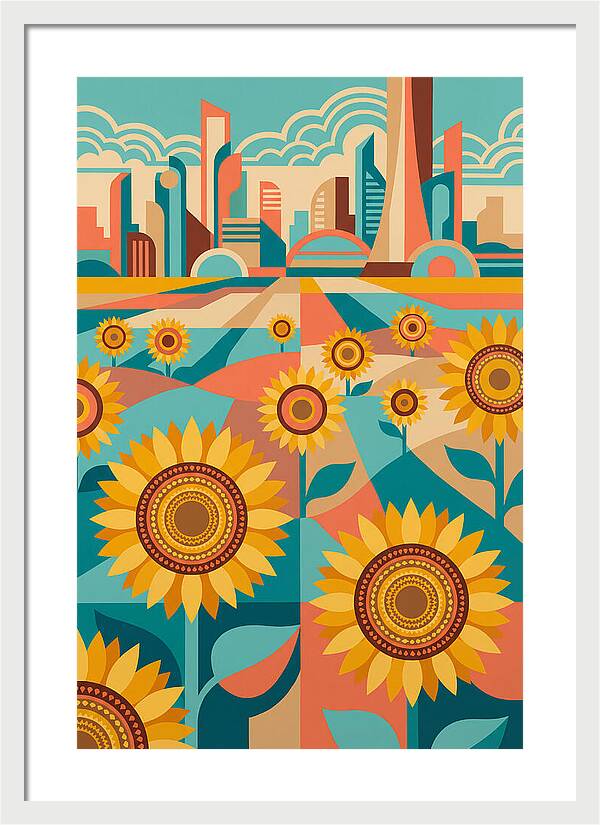 Sunflower Field With Cityscape