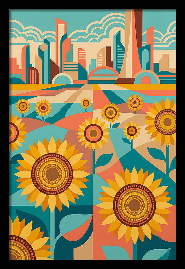 Sunflower Field With Cityscape