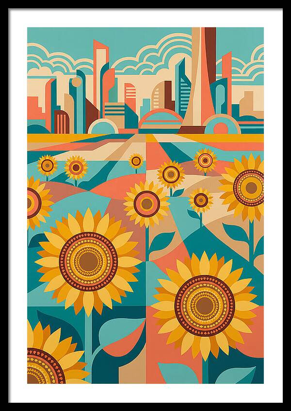 Sunflower Field With Cityscape