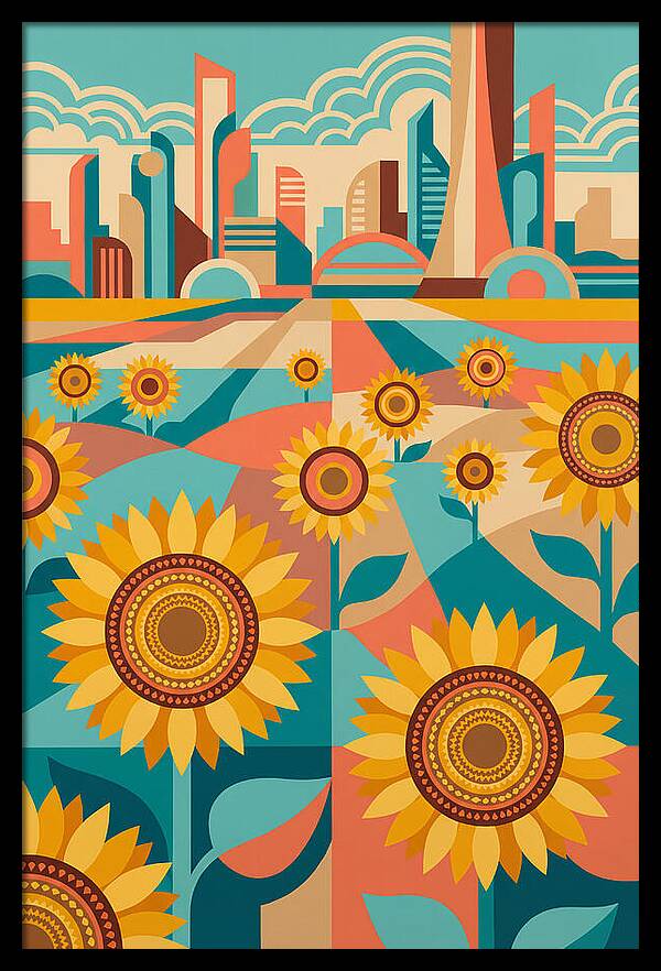 Sunflower Field With Cityscape