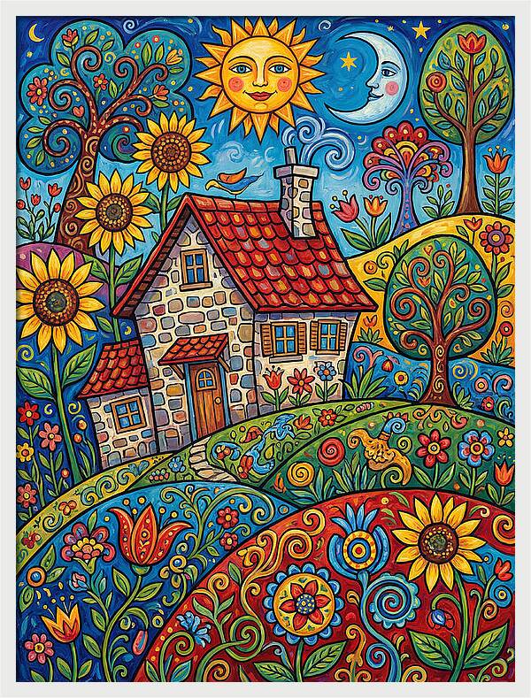 Sunny Stone Farmhouse Scene