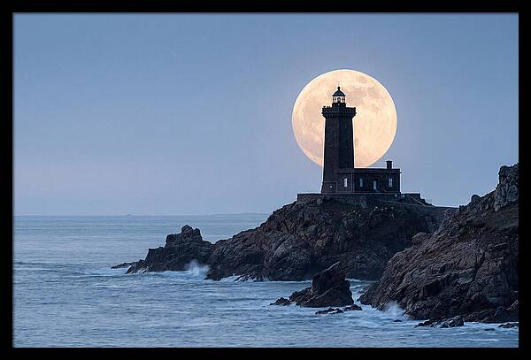 Supermoon Rising Behind Lighthouse