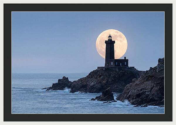 Supermoon Rising Behind Lighthouse