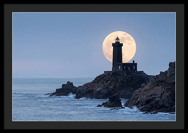 Supermoon Rising Behind Lighthouse