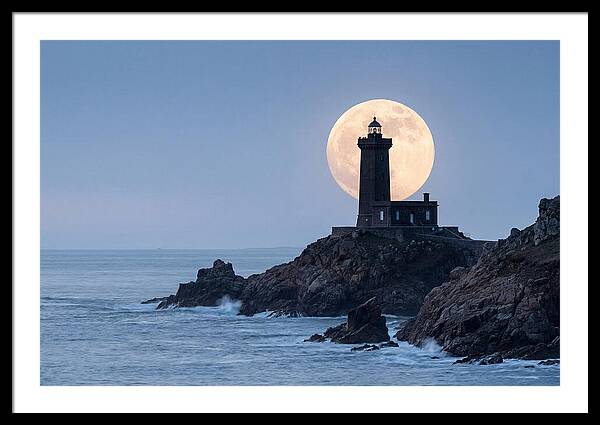 Supermoon Rising Behind Lighthouse