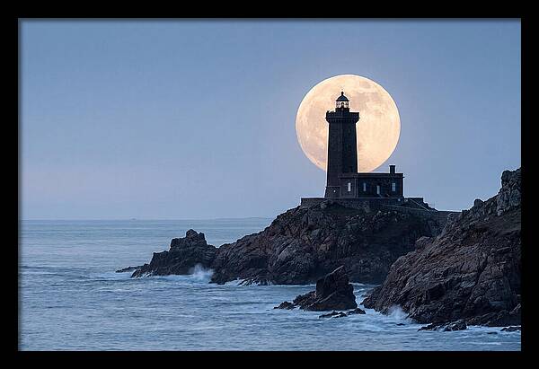 Supermoon Rising Behind Lighthouse
