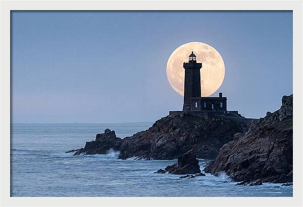 Supermoon Rising Behind Lighthouse