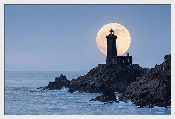 Supermoon Rising Behind Lighthouse
