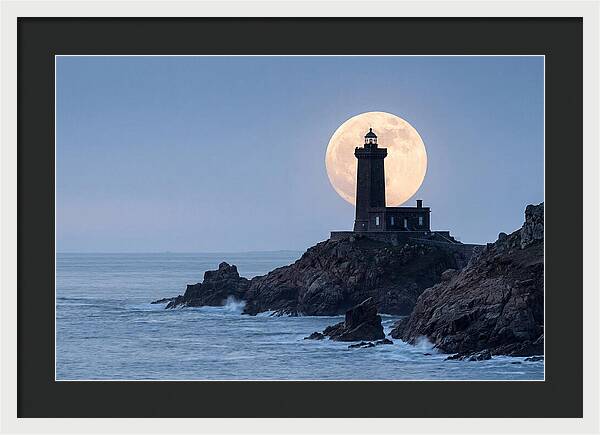 Supermoon Rising Behind Lighthouse