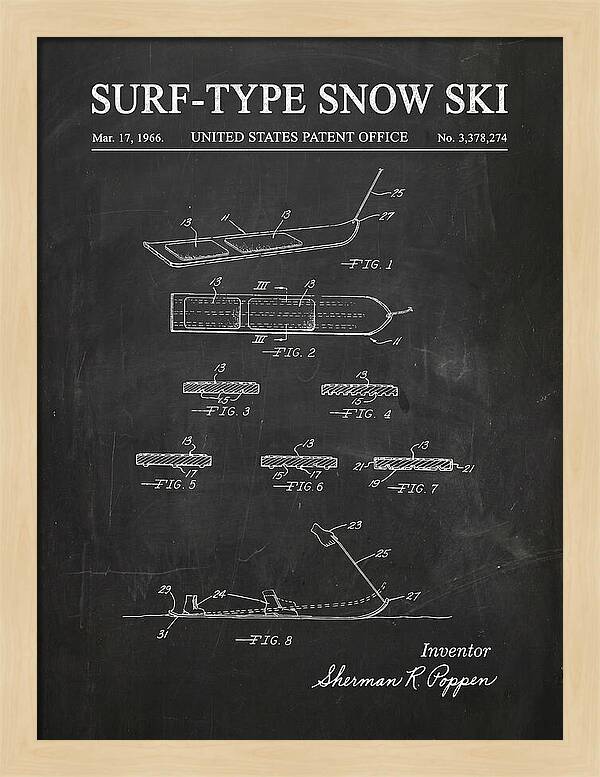 Surf Type Snow Ski Snurfer Chalkboard Patent Us3378274a
