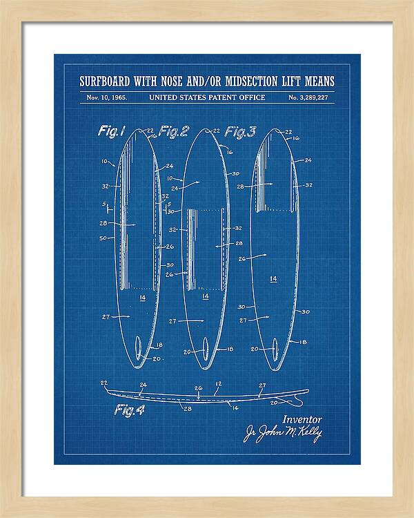 Surfboard With Nose And/or Midsection Lift Means Blueprint Patent Us3289227a