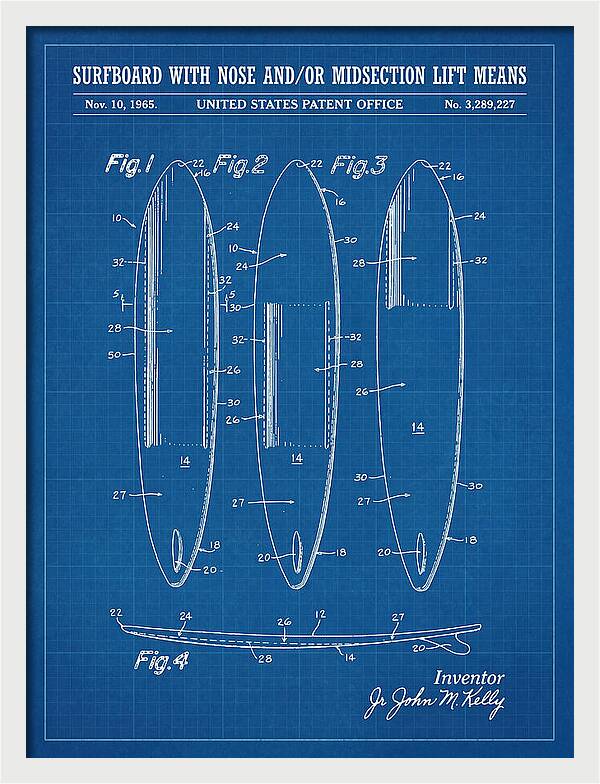 Surfboard With Nose And/or Midsection Lift Means Blueprint Patent Us3289227a