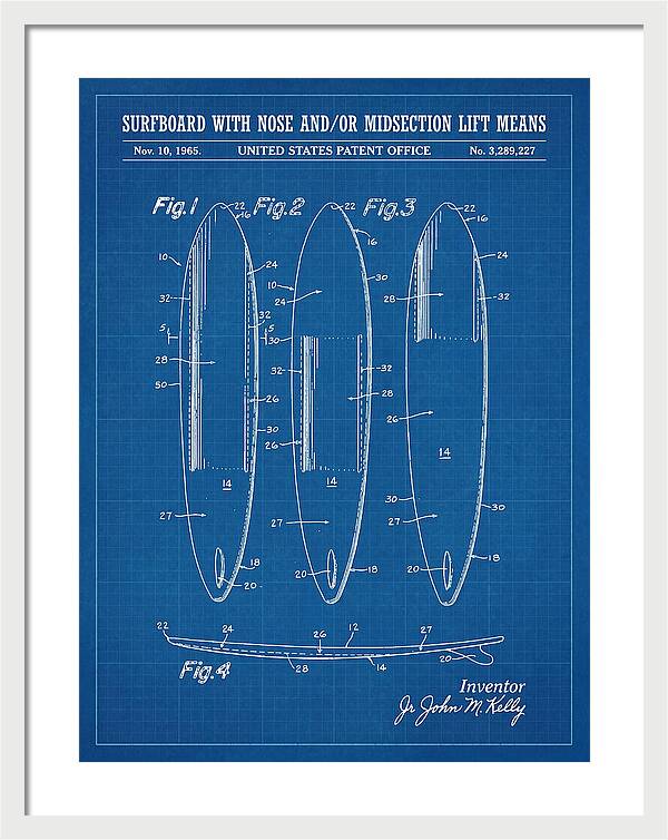 Surfboard With Nose And/or Midsection Lift Means Blueprint Patent Us3289227a