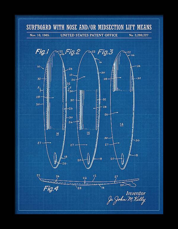 Surfboard With Nose And/or Midsection Lift Means Blueprint Patent Us3289227a