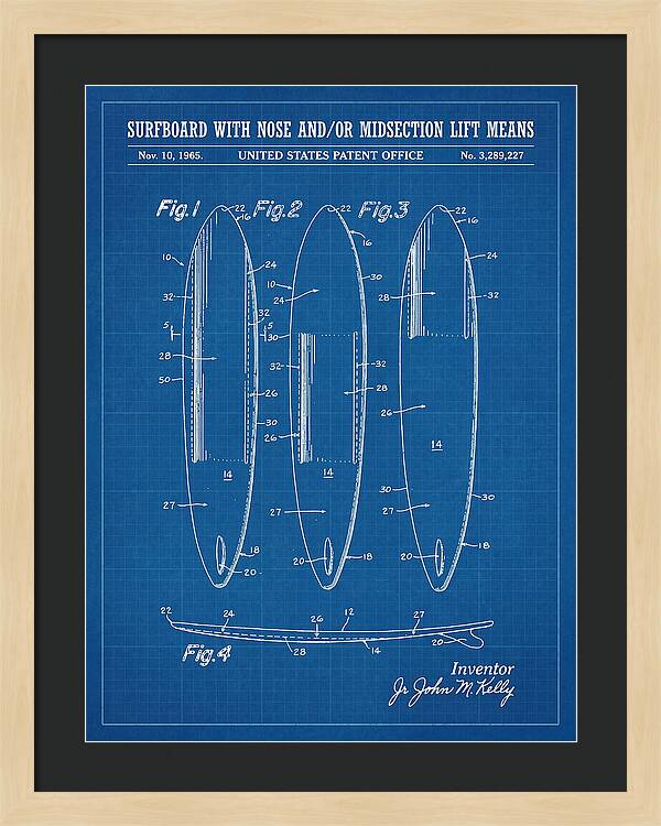 Surfboard With Nose And/or Midsection Lift Means Blueprint Patent Us3289227a