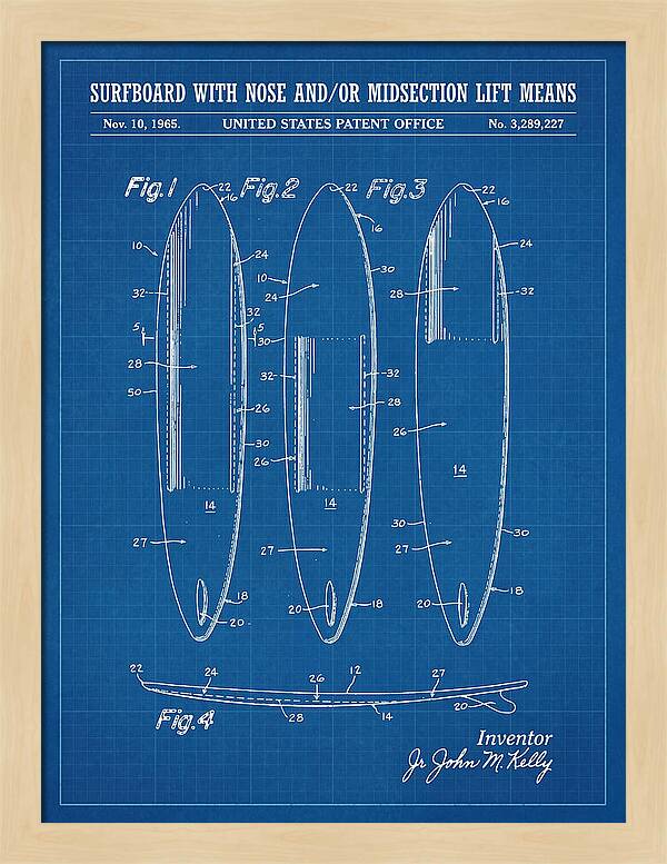 Surfboard With Nose And/or Midsection Lift Means Blueprint Patent Us3289227a