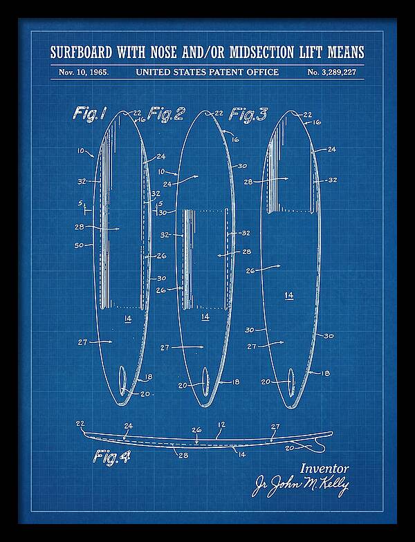 Surfboard With Nose And/or Midsection Lift Means Blueprint Patent Us3289227a